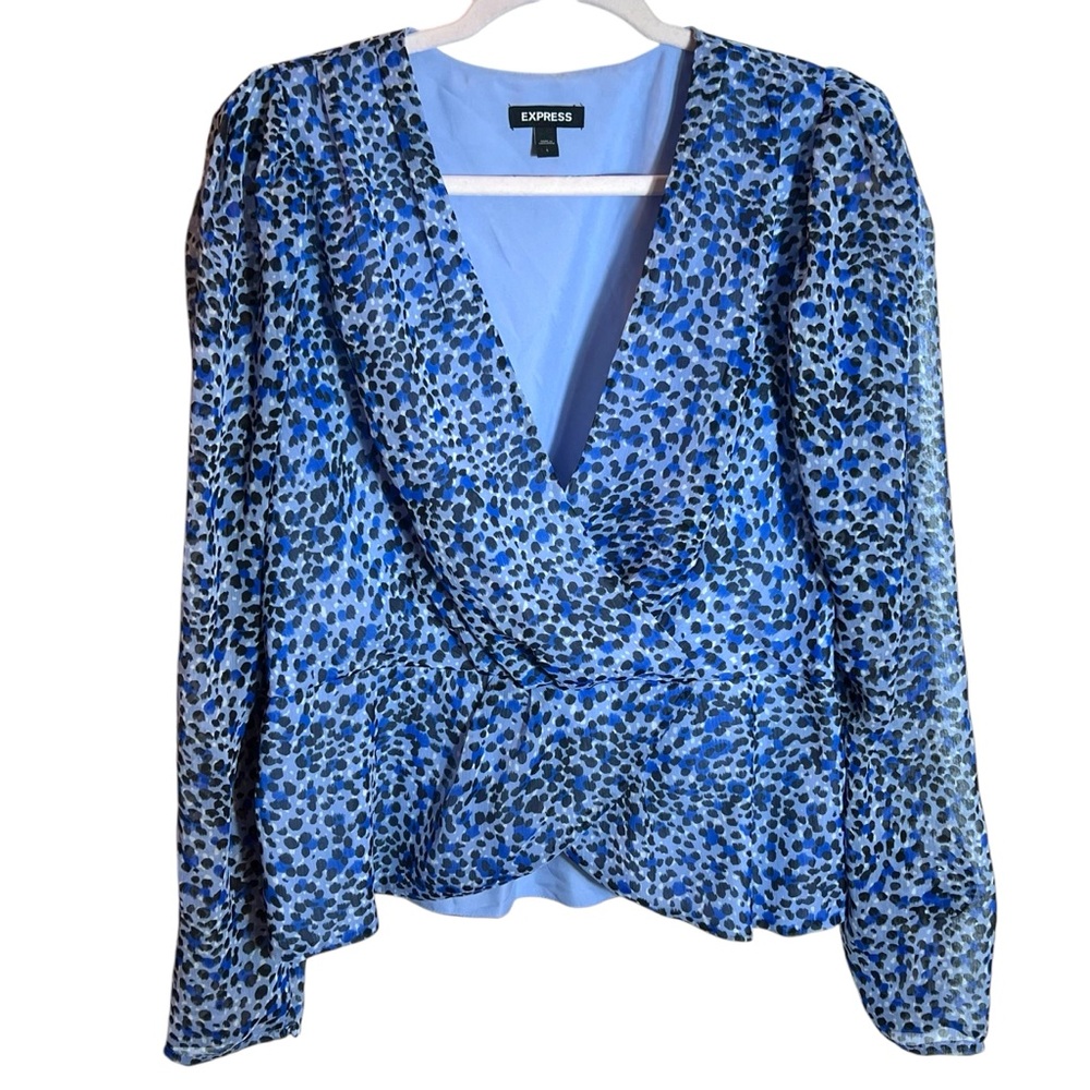 Express Blue Leopard Print Faux Wrap Peplum Top, Large